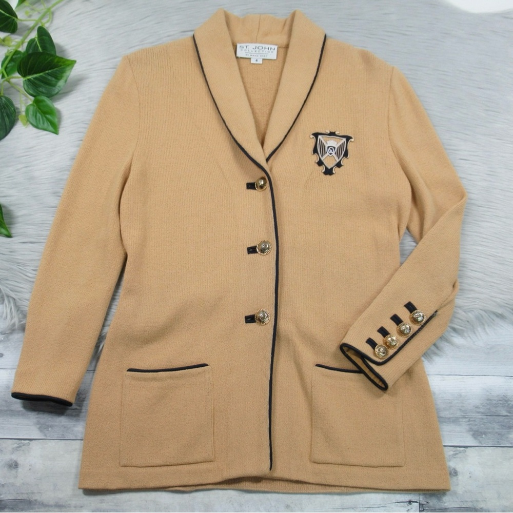 ST. JOHN Santana Knit Logo Embroidered Patch Crest Longline Jacket Blazer Size 4